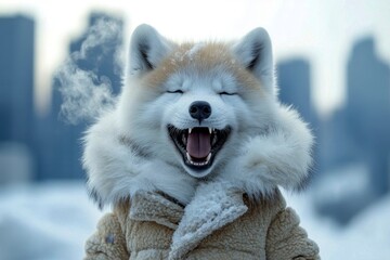 Obraz premium Jocular animals. Happy cute baby animal arctic wolf in winter warm clothes, cold breath from nose and mouth in frosty breeze. Zoo veterinary care. Animal care awareness. Warm winter animals.