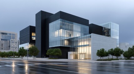 Obraz premium Modern architectural design showing a glass-and-concrete structure on a wet street