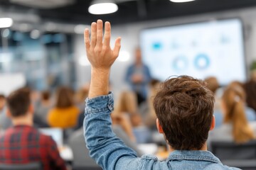Employee raises hand as software expert explains dashboard, bright meeting room, eye-level shot from front.