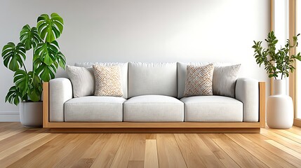 Light Gray Linen Sofa in Watercolor Studio with Green Plants and Natural Wood Floor