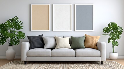 Fototapeta premium Elegant Gray Sofa in Contemporary Living Room with Watercolor Art and Green Plants