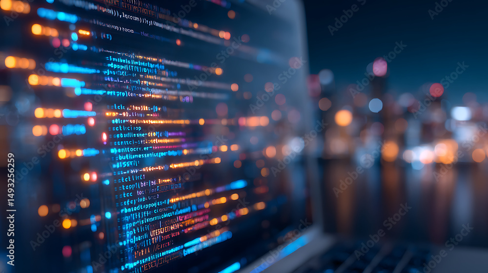 Aufkleber glossy 3d rendering of glowing blue code brackets on dark background symbolizing digital development