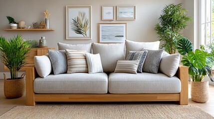 Cozy Light Gray Linen Sofa with Decorative Pillows in Bright Studio Setting