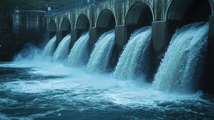  Hydroelectric dam with rushing water and electric turbines turning with the force of the flowing river water , generating clean energy for ecology and zero carbon targets