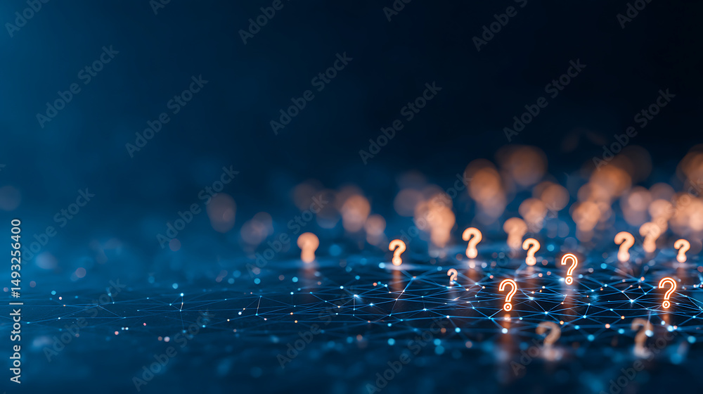 Aufkleber blue glowing social network connection concept with user icons and question marks on digital backgro