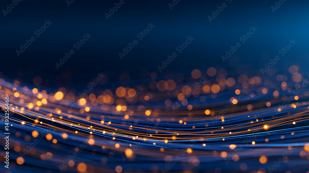 Poster abstract glowing particle lines and bokeh on a dark backdrop, conveying a futuristic technology conc
