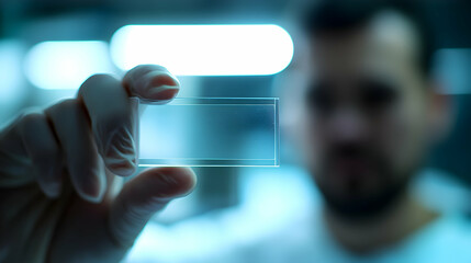Researcher Holding Glass Slide in Laboratory Environment
