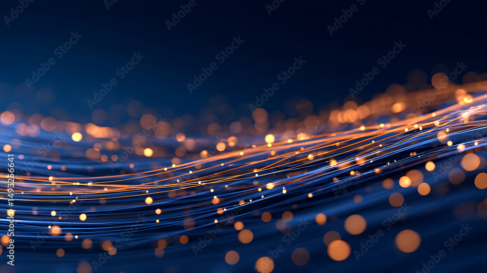 Poster abstract glowing particle lines and bokeh on a dark backdrop, conveying a futuristic technology conc