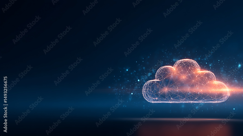 Poster bright digital cloud icon with wireframe design on dark background illustrating data storage and com
