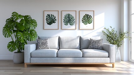 Bright and Airy Watercolor Studio Scene with Gray Sofa and Lush Greenery