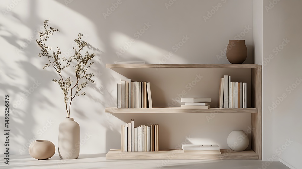 Poster minimalist display of books and decorative objects in a modern space