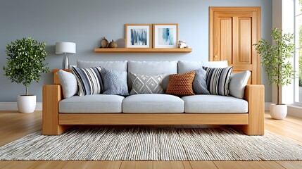 Fototapeta premium Cozy Watercolor Studio Scene with Gray Sofa and Natural Light