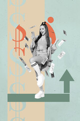 Exclusive image vertical photo collage of happy businessman businesswoman receive dollar capital usd earnings income profit arrow