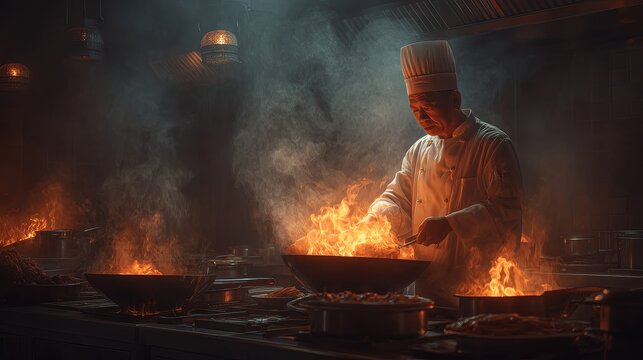 Dynamic wok cooking by asian chef in asian street kitchen captivating culinary fire performance
