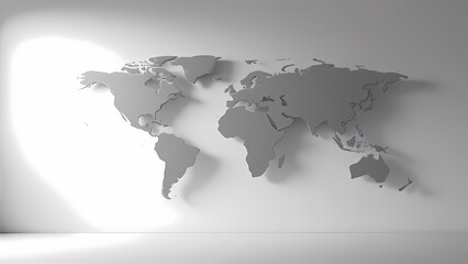 A grayscale 3D world map floats against a dark backdrop, featuring subtle light reflections for a modern, minimalist background.