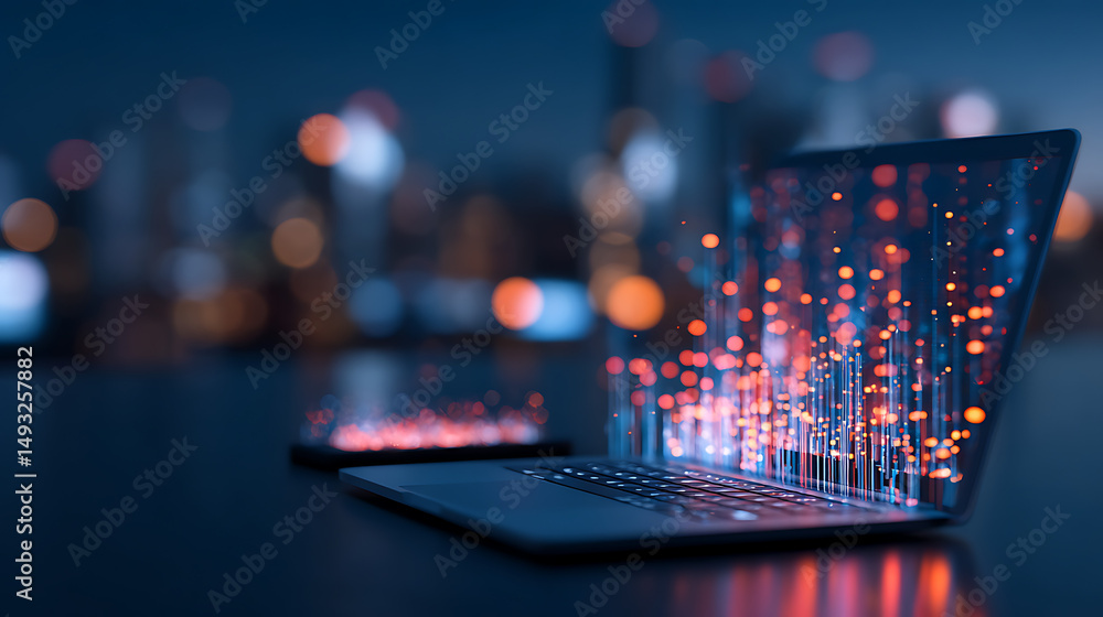 Fototapete ai technology digital concept with glowing virtual elements on laptop and smartphone. 3d rendering 1