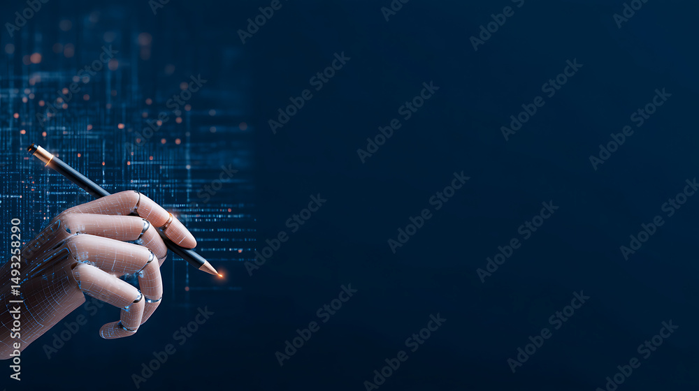 Aufkleber futuristic ai concept with robotic hand drawing ai text in glowing digital network on dark blue back