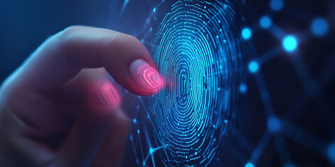  Finger touching biometric fingerprint scanner, Digital fingerprint authentication interface, Advanced biometric security technology