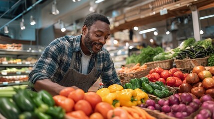 Produce display with employee organizing a colorful array of fresh vegetables and fruit in a grocery store, showcasing the vibrant selection of healthy food.