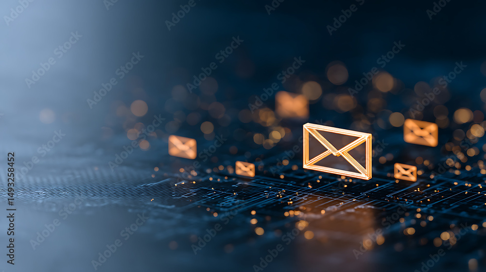 Poster digital email icon with glowing holographic effect on dark cyber background. 3d rendering 20462107 4