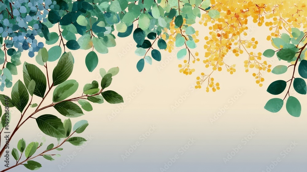 Poster minimalist summer background with soft white to light grey gradient and subtle pastel blue, green, a