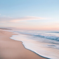 Obraz premium Serene empty sandy beach with gentle waves lapping at shore under soft pastel sky at sunrise, evoking tranquility and peace