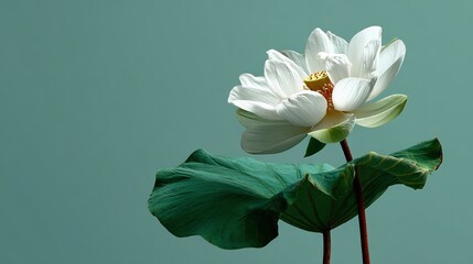 Obraz premium A solitary white blossom unfolds with grace against a serene backdrop, its petals illuminated by gentle light. A study in tranquility and natural beauty.