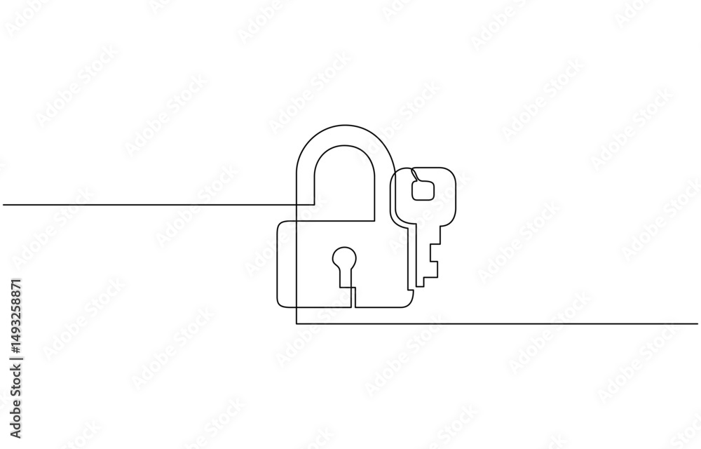 Aufkleber continuous one line drawing of padlock with key. single line drawing illustration key and padlock, o