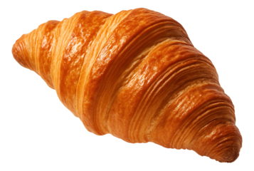 Golden brown flaky croissant with crisp layers and a curved shape on transparent background.