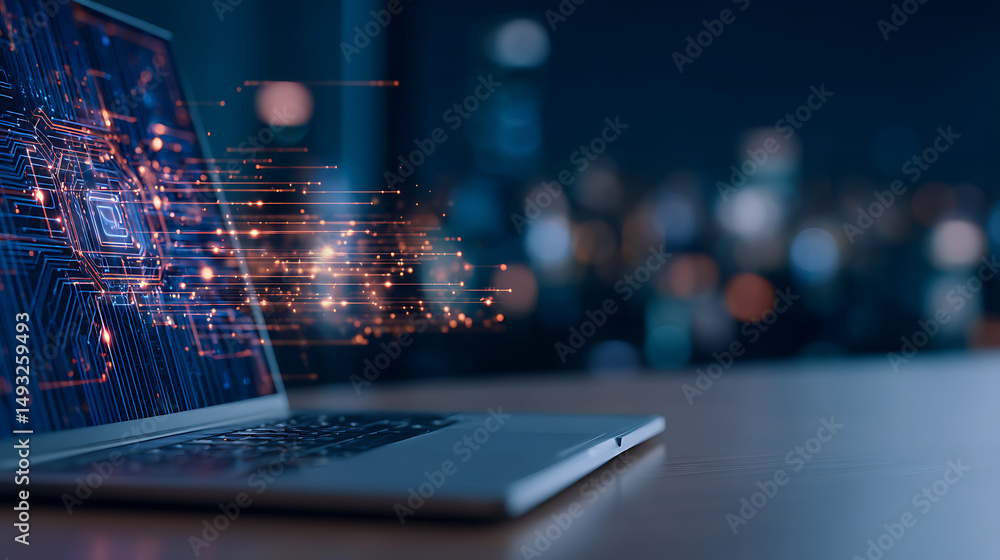 Poster ai technology digital concept with holographic interface on laptop. 3d rendering 47431507 1
