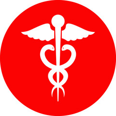 Medical symbol red caduceus with Rod of Asclepius logo icon. Red circle on white background. First aid. Emergency symbol. Vector illustration.