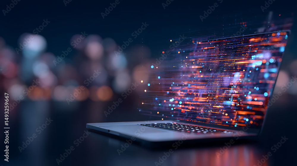Poster ai technology digital concept with holographic interface on laptop. 3d rendering 24565657 3