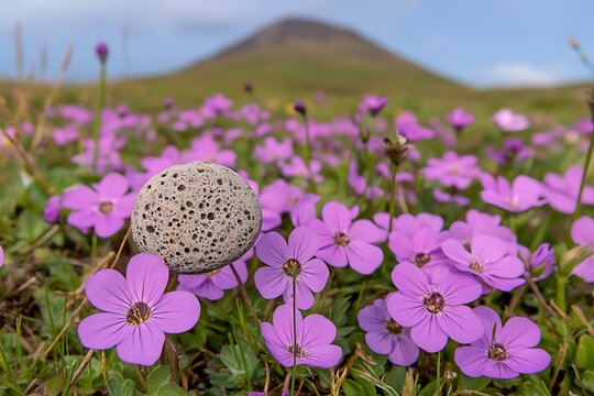 A porous stone rests on purple wildflowers a scenic mountain in the background A picturesque natural scene