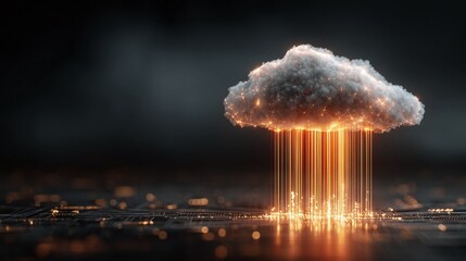 Cloud computing concept with illuminated lines connecting a stylized cloud to a circuit board, suggesting data transfer and digital infrastructure.