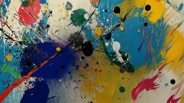 Colorful abstract paint splatters on white canvas, modern expressionism