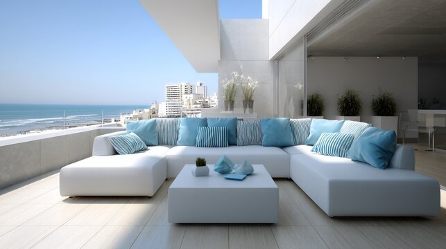 Modern, coastal balcony with sectional sofa, ocean view, and blue accents