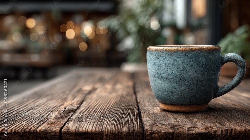 Poster close-up of an empty wooden table with a clean and simple background designed for coffee mug design 