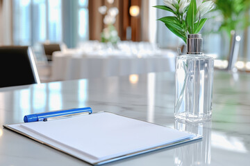 A table with a pen and a notepad set up for a business meeting discussing strategies for economic downturns and challenges