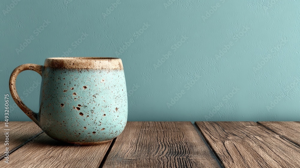 Poster close-up of an empty wooden table with a clean and simple background designed for coffee mug design 