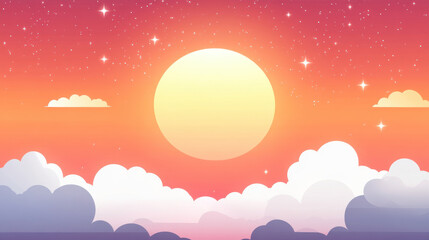 Vibrant sunset scene featuring large sun surrounded by soft clouds and starry sky, evoking sense of tranquility and beauty