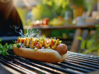 Cheesy hot dog grilling on a barbecue with smoke wafting in a vibrant summer atmosphere under clear blue skies