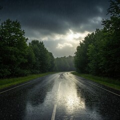 Fototapeta premium Realistic rainy countryside road with dark clouds and reflections rain wallpaper 4k | rain aesthetic wallpaper 4k | rain frog | rain news weather report monsoon