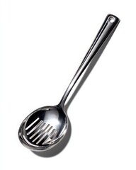 Sleek, stainless steel slotted spoon, perfect for serving pasta or draining liquids.  A kitchen essential.