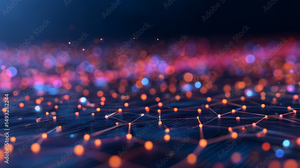 Aufkleber abstract digital backdrop of glowing dots and lines on a dark, blurred background, concept of techno
