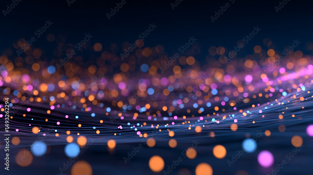 Poster abstract digital backdrop of glowing dots and lines on a dark, blurred background, concept of techno