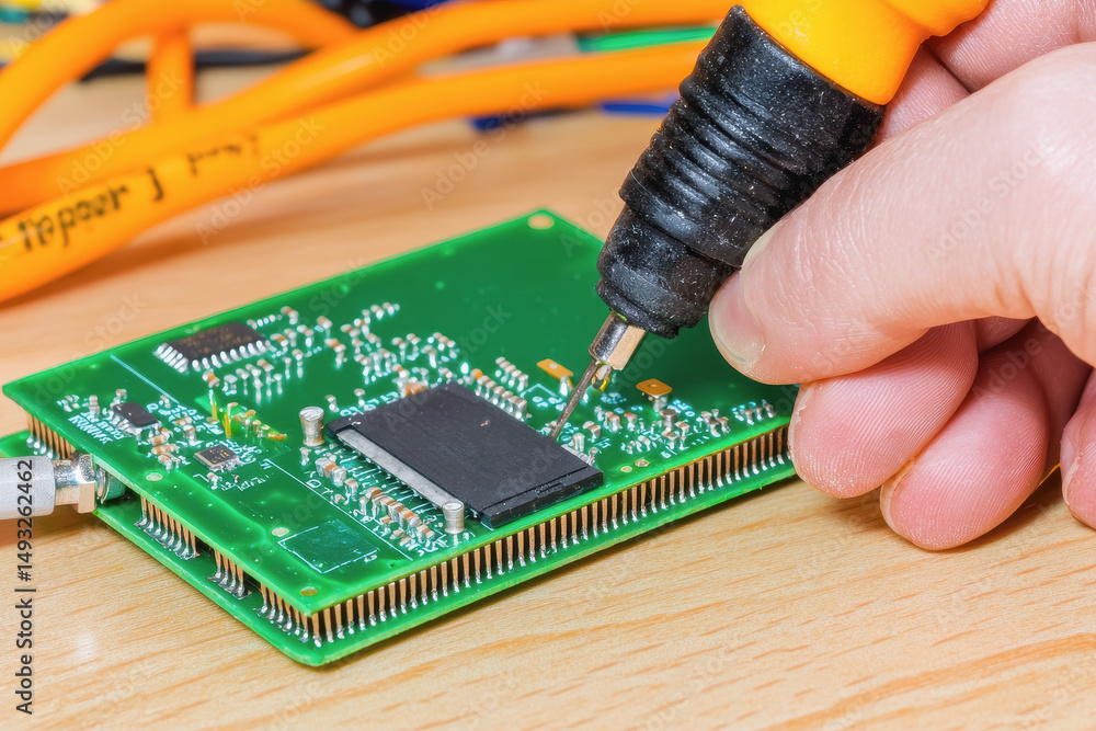 Poster close-up of a soldering process on phone parts demonstrating intensity and focus required for electr