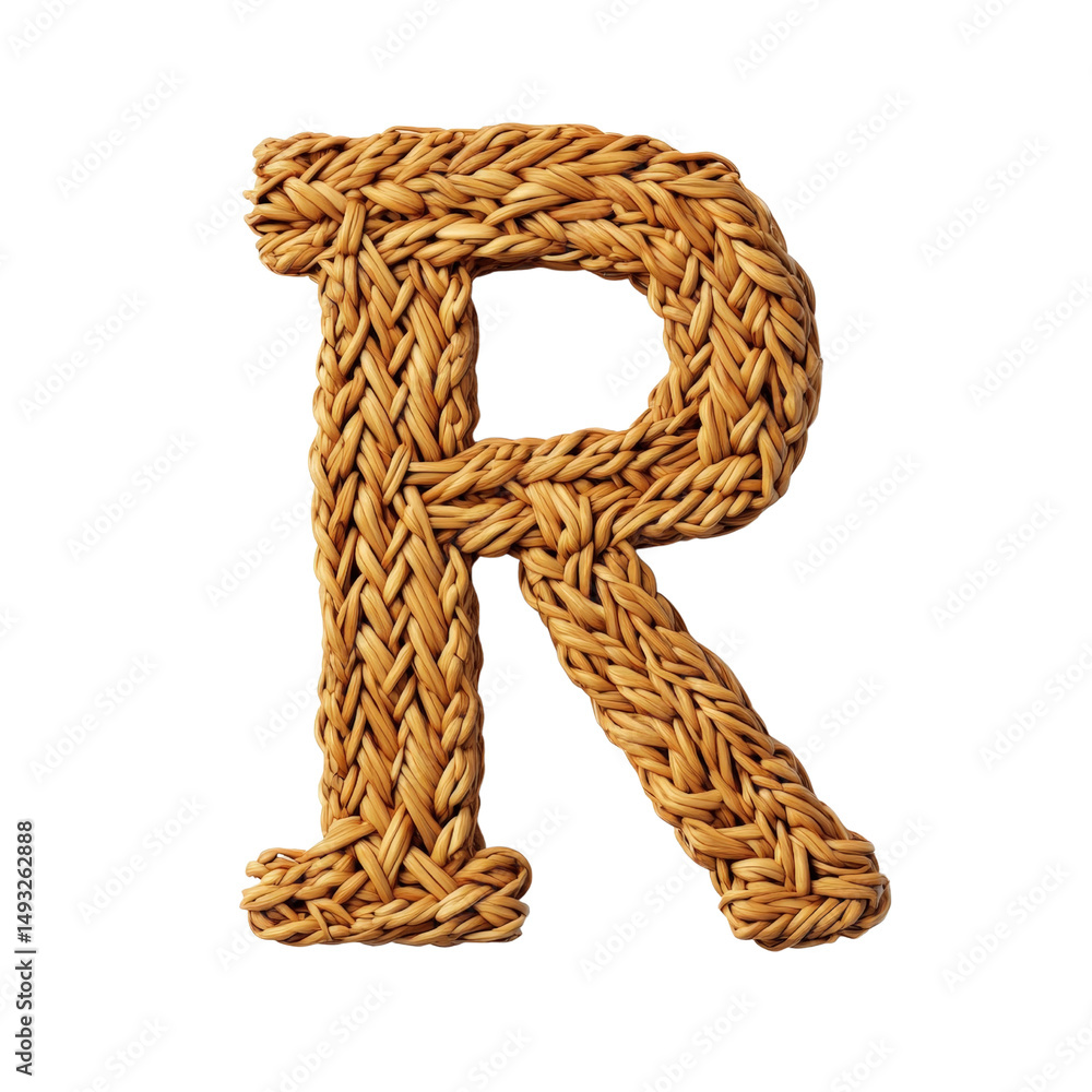 Poster detailed image of a letter r constructed entirely from intricate woven wicker material with natural 
