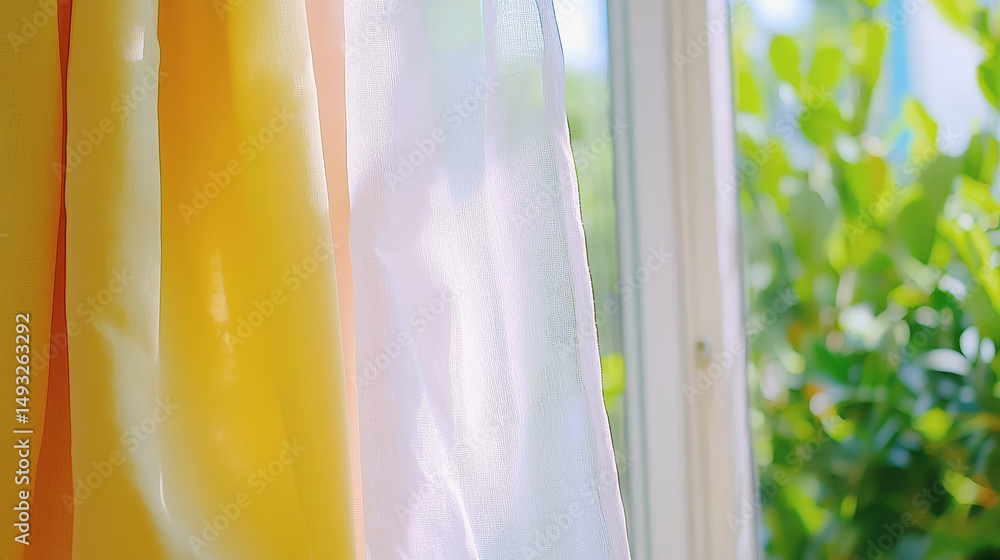 Poster cozy room with a window framed by layered curtains in soft hues creating an inviting and warm atmosp