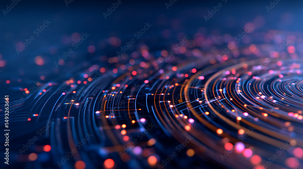 Poster a digital abstract concept with swirling lines and a circuit pattern, symbolizing technology on a da