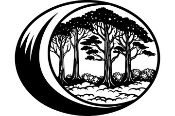 Crescent moon rising over misty forest vector illustration